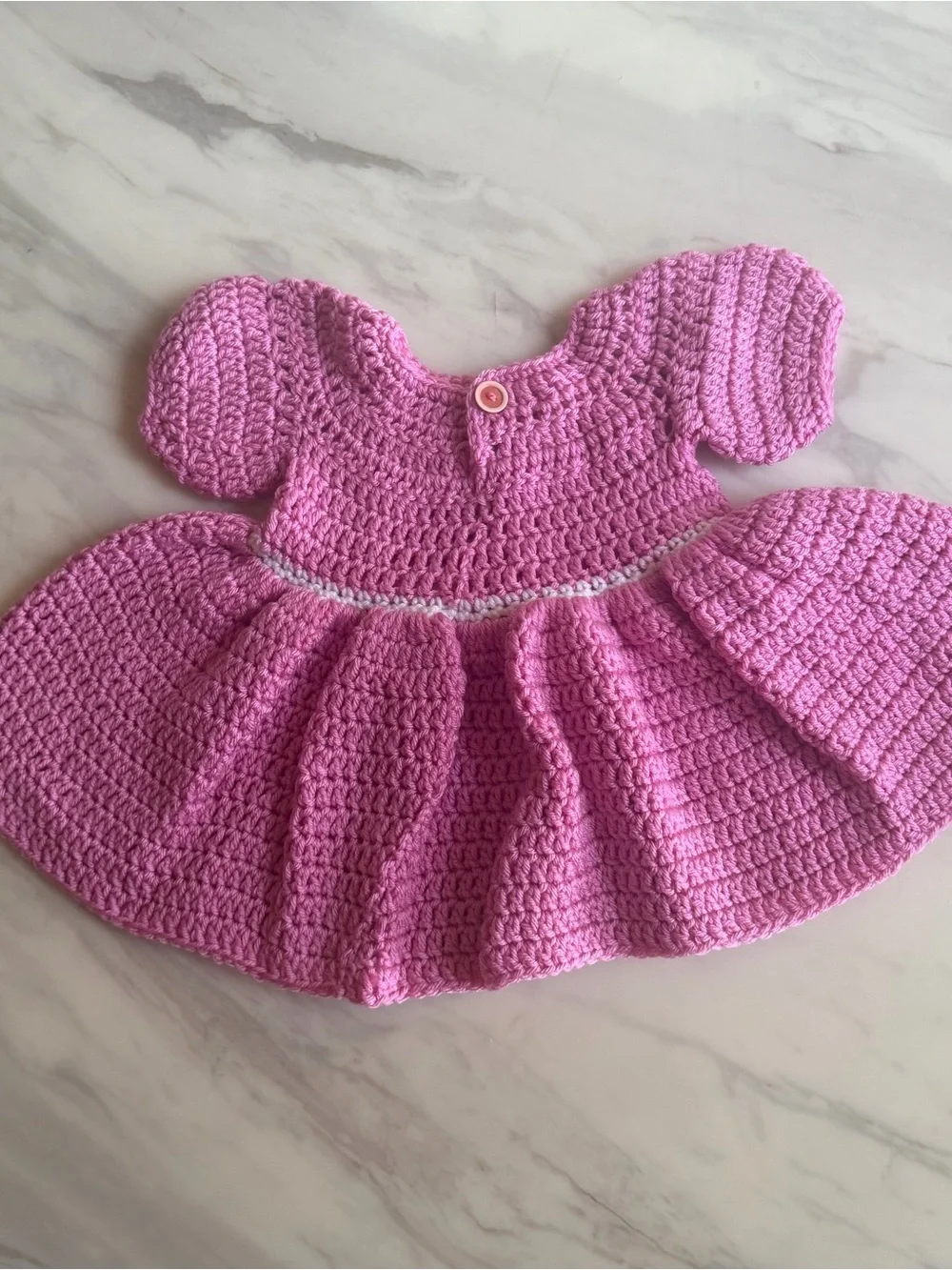 Handmade Pink Crochet Baby Girl Dress Puff Sleeve White Trim 3-6 Months